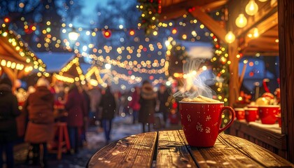 Christmas Market Scene with Warm Drink and Festive Lights.