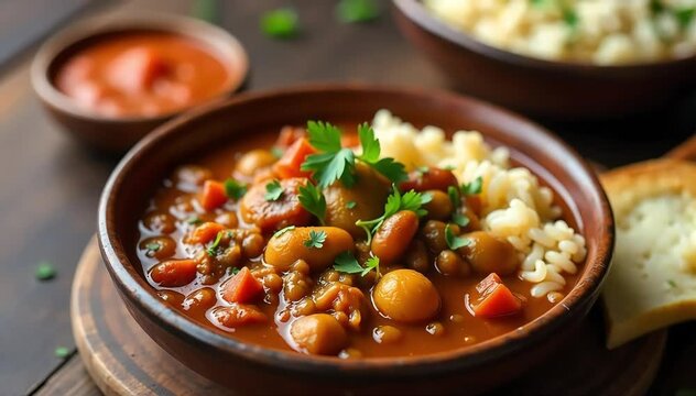 Hearty gumbo z'herbes served in rustic bowl with rice and hot sauce on side 