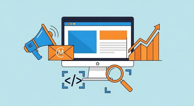 Digital marketing and business growth concept with computer and icons