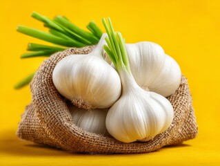 Fresh garlic bulbs with green sprouts in burlap sack on yellow background