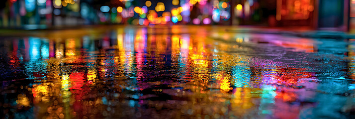 Vibrant city lights reflecting on a wet street after rain creating a colorful abstract pattern