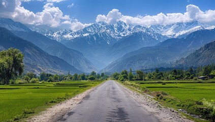 Naklejka premium A paved road stretches into a valley, flanked by verdant rice paddies and culminating in a majestic, snow-capped mountain range under a vibrant blue sky