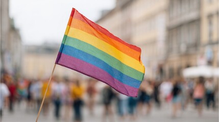 Rainbow Flag Waving At Pride Parade With Blurred Crowd In Background. Symbol Of Lgbtq Rights And Diversity Celebration