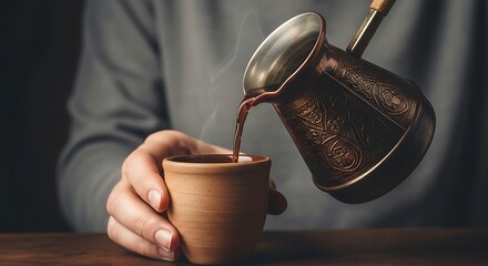 Person pouring coffee from a cezve into a traditional cup.