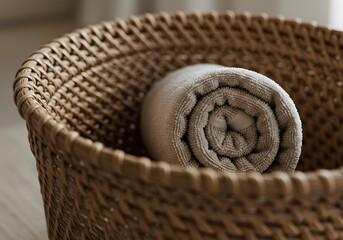Obraz premium Rolled towel inside woven basket with transparent background