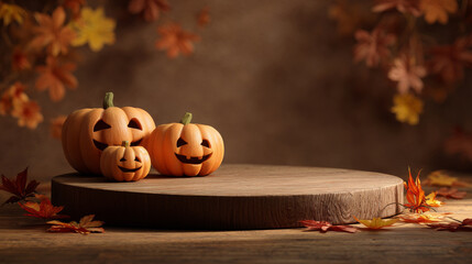 Orange pumpkins with carved faces on wooden pedestal. Brown background with maple leaves. Halloween jack-o-lantern on podium with autumn decoration. Generative AI.