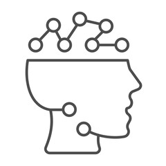 Human head with connections thin line icon, info tech concept. Vector graphics. Brain with neuron links, neural network sign on white background, outline style icon for mobile or web design.