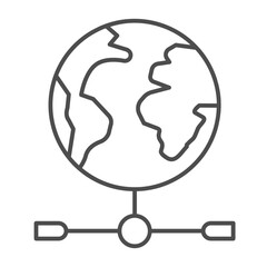 Planet earth and wired connection thin line icon, info tech concept. Vector graphics. World globe with blockchains, network sign on white background, outline style icon for mobile or web design.