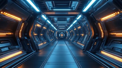 Fototapeta premium Futuristic spaceship corridor, glowing lights, advanced tech