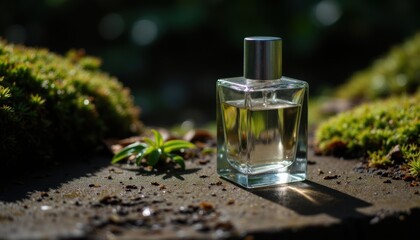 Perfume Bottle with Moss and a Water Droplet