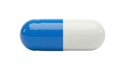 Isolated capsule medication with blue and white halves for healthcare and medical use