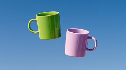 Two cups, one green and one purple, are floating in the air. The cups are positioned at different angles, with the green cup slightly above the purple cup. Concept of lightness and playfulness