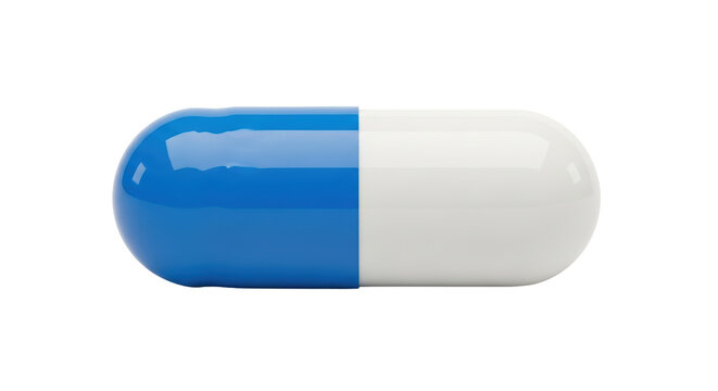 Isolated capsule medication with blue and white halves for healthcare and medical use