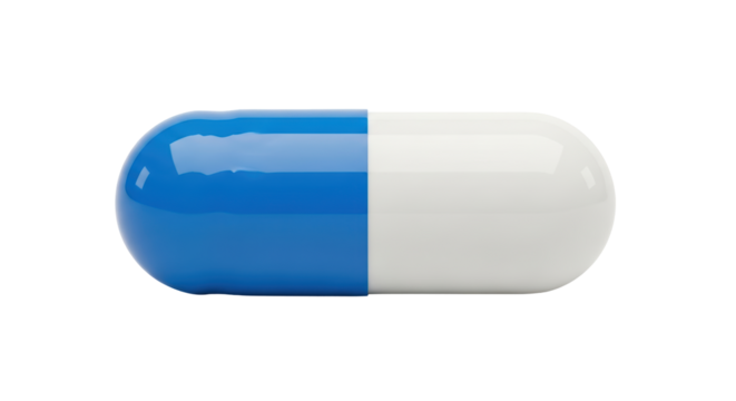 Isolated capsule medication with blue and white halves for healthcare and medical use