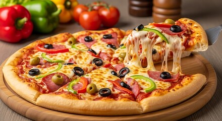 Delicious pizza with melted cheese and toppings.
