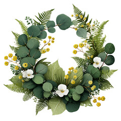 Elegant Botanical Wreath Frame with Eucalyptus, Fern, Golden Wattle, and White Blooms