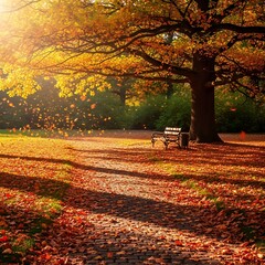 Autumn Park Scene with Sunlight.