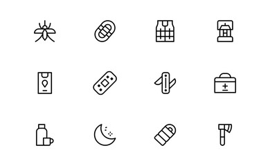 Wilderness line icon set featuring editable, pixel-perfect designs in a simple, clean, and professional style. Ideal for outdoor, survival, and nature-related visuals.