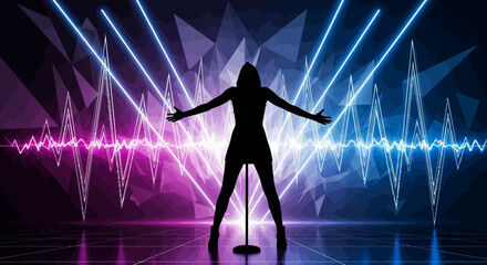 Silhouette of a singer performing on stage with vibrant neon lights and sound wave graphics.