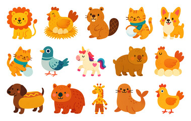 Obraz premium PNG Colorful cartoon animal illustrations, element set on transparent background