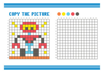 Copy the picture grid drawing worksheet for kids. Pixel art robot