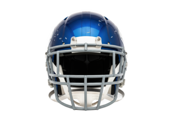 Blue football helmet on a white background, showcasing its design and protective features
