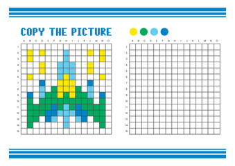Copy the picture grid drawing worksheet for kids. Pixel art spacecraft