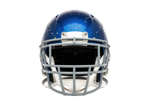 Blue football helmet on a white background, showcasing its design and protective features - Powered by Adobe