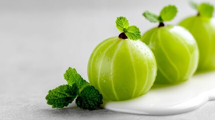 Fresh green gooseberries with mint leaves on white surface
