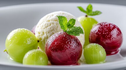 Vanilla ice cream with green and red grapes garnished with mint leaves