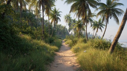 Obraz premium Tropical Pathway Lined With Palm Trees And Lush Greenery. Serene Coastal Nature Walk