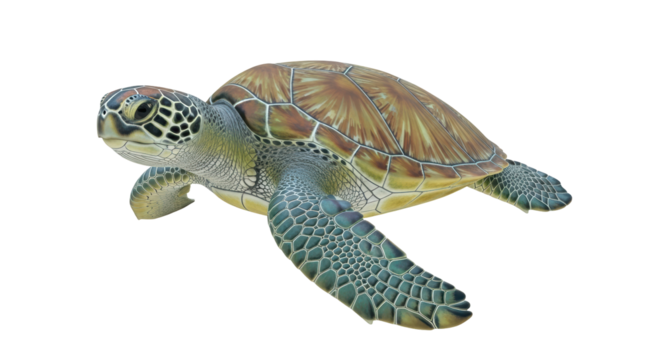 Isolated Green Sea Turtle swimming calmly, graceful reptile with patterned shell & flippers