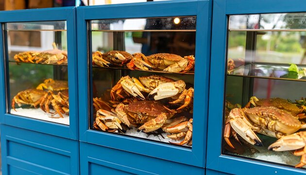 Freshly caught crabs displayed in multiple blue glass display cases, showcasing a variety of colors and textures.
