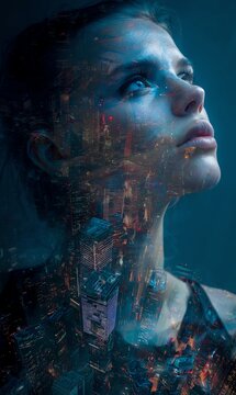 A stunning portrait of a HumanAI hybrid set against the backdrop of a futuristic city, showcasing technology and humanity intertwined.