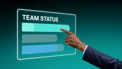 Team Status Progress Indicator: A close-up of a hand pointing to a digital interface showing team status progress with a sleek, futuristic design.