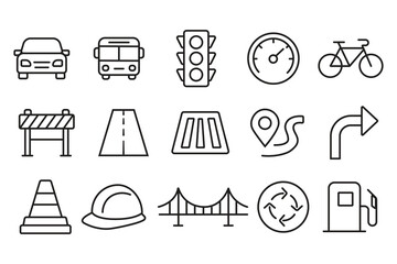 Minimal Transport and Road Infrastructure Line Icons Vector Set