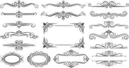 Obraz premium Vintage decorative ornament borders, elegant frame design, ornate swirl vector, retro divider elements, classic calligraphy flourish decoration illustration set