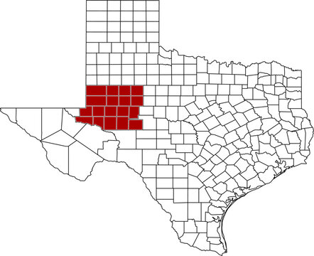 A vector map of Texas highlighting the Permian Basin and Big Bend Area regions.  Ideal for geographical studies, regional reports, and data visualization projects.
