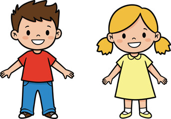Cartoon boy and girl smiling, cute children illustration, happy kids standing, childhood characters, vector design, friendship, fun, isolated, clipart