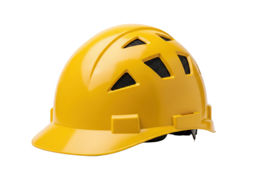 Bright yellow construction helmet isolated on a white background, symbolizing safety in work environments