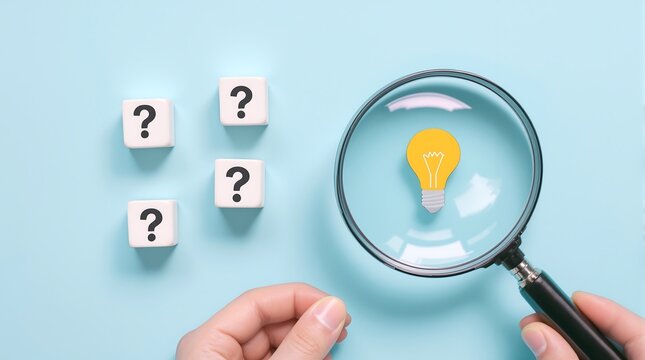 Finding solutions concept with question mark blocks and lightbulb under magnifying glass on blue background