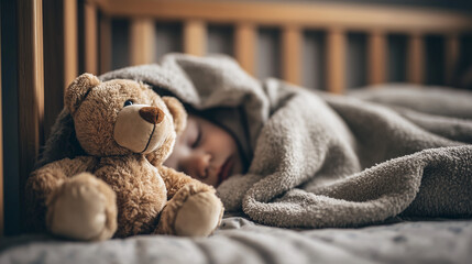 a cute newborn baby lying in a crib, soft blanket covering the baby with only the face visible, a small plush teddy bear tucked beside the baby