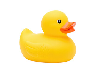 Bright yellow rubber duck floating on water, evoking a playful atmosphere in a serene setting