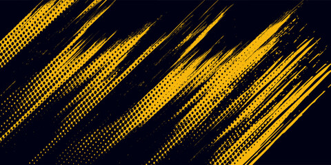 Halftone yellow dots pattern and black gradient grunge texture background. Dotted line comic sport.