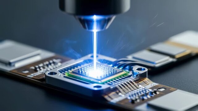 Detailed macro shot of laser beam welding microelectronic parts of an implantable biosensor showcasing cuttingedge hermetic sealing methods.