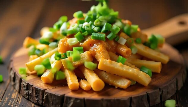 Hearty poutine resting on wooden board with chopped scallions sprinkled on top 