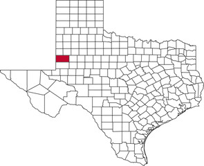 A vector map of Texas highlighting Gaines County. Ideal for geographical studies, regional reports, and data visualization projects.

