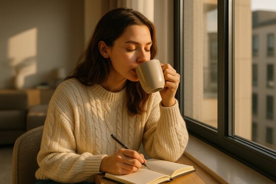 Young woman drinking coffee and writing in notebook by window