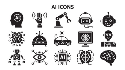 Artificial intelligence icons with robot brain chip car VR surveillance and neural network in black silhouette style