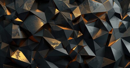 Abstract dark, metallic, polygonal texture with warm accents.  The image features a chaotic arrangement of sharp, angular forms creating a fragmented, three-dimensional effect